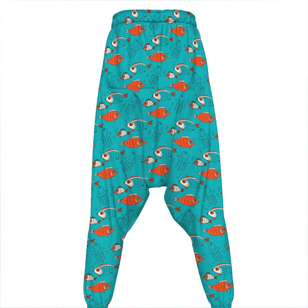 Fish And Jellyfish Pattern Print Hammer Pants