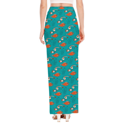 Fish And Jellyfish Pattern Print High Slit Maxi Skirt