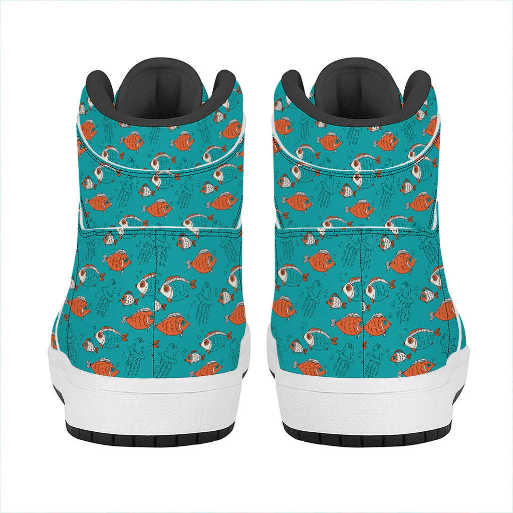 Fish And Jellyfish Pattern Print High Top Leather Sneakers