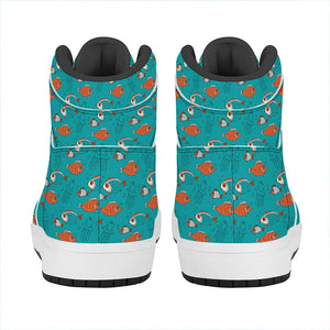 Fish And Jellyfish Pattern Print High Top Leather Sneakers