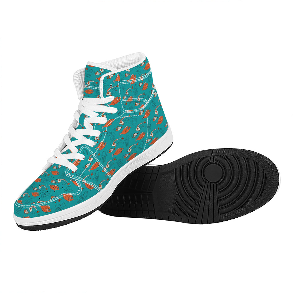 Fish And Jellyfish Pattern Print High Top Leather Sneakers