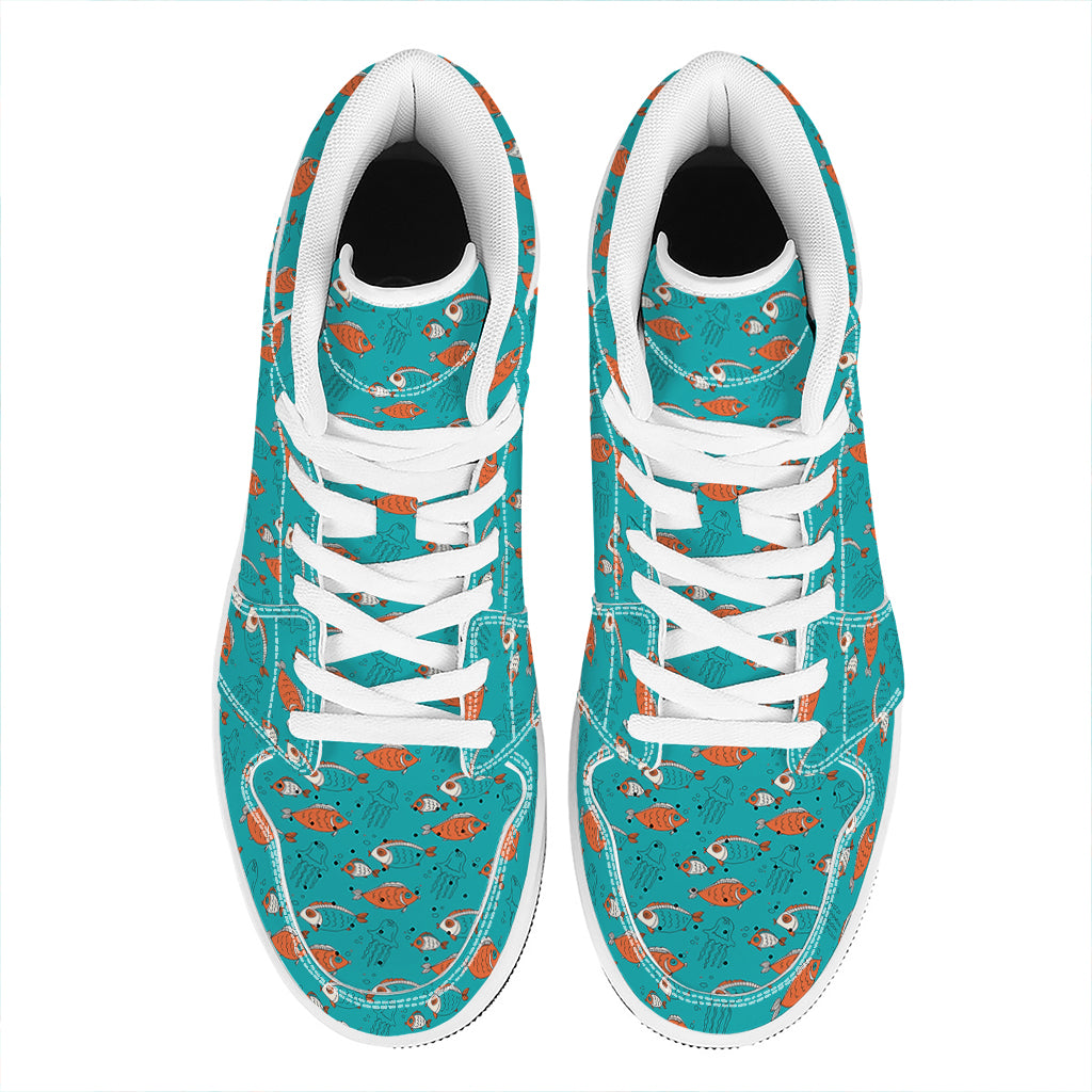 Fish And Jellyfish Pattern Print High Top Leather Sneakers