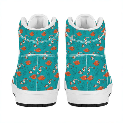 Fish And Jellyfish Pattern Print High Top Leather Sneakers