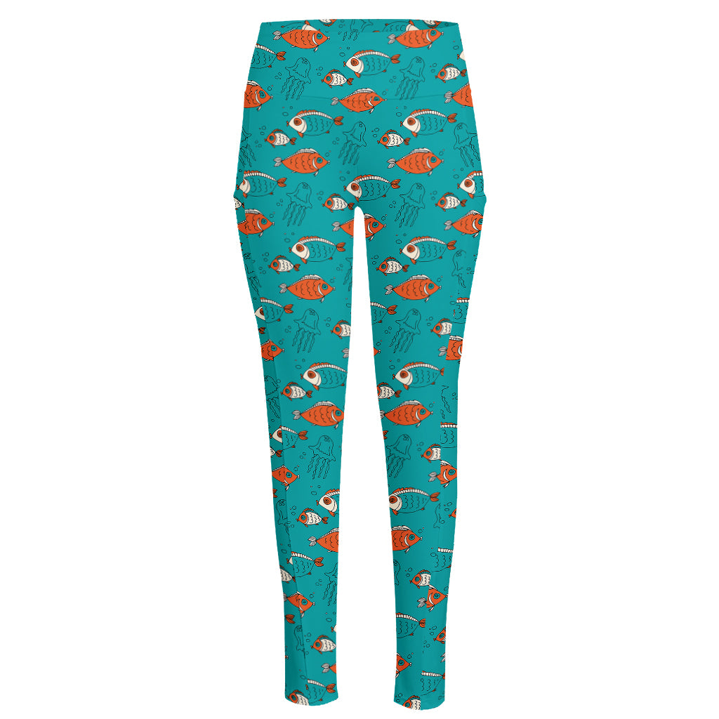 Fish And Jellyfish Pattern Print High-Waisted Pocket Leggings