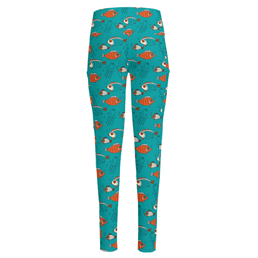 Fish And Jellyfish Pattern Print High-Waisted Pocket Leggings