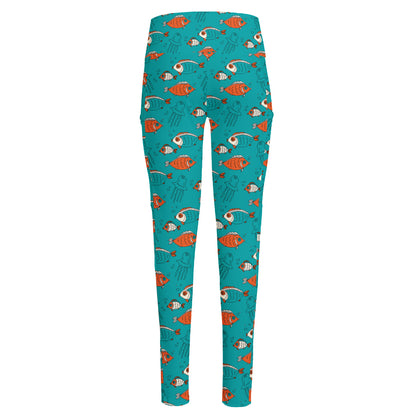 Fish And Jellyfish Pattern Print High-Waisted Pocket Leggings