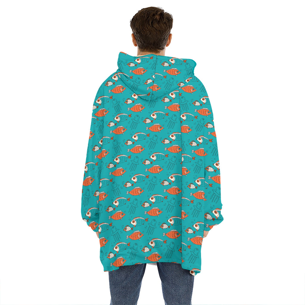 Fish And Jellyfish Pattern Print Hoodie Blanket