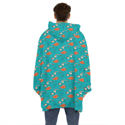 Fish And Jellyfish Pattern Print Hoodie Blanket