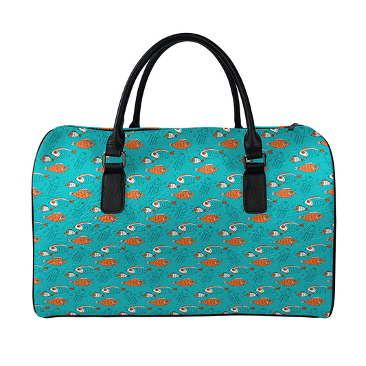 Fish And Jellyfish Pattern Print Leather Duffle Bag
