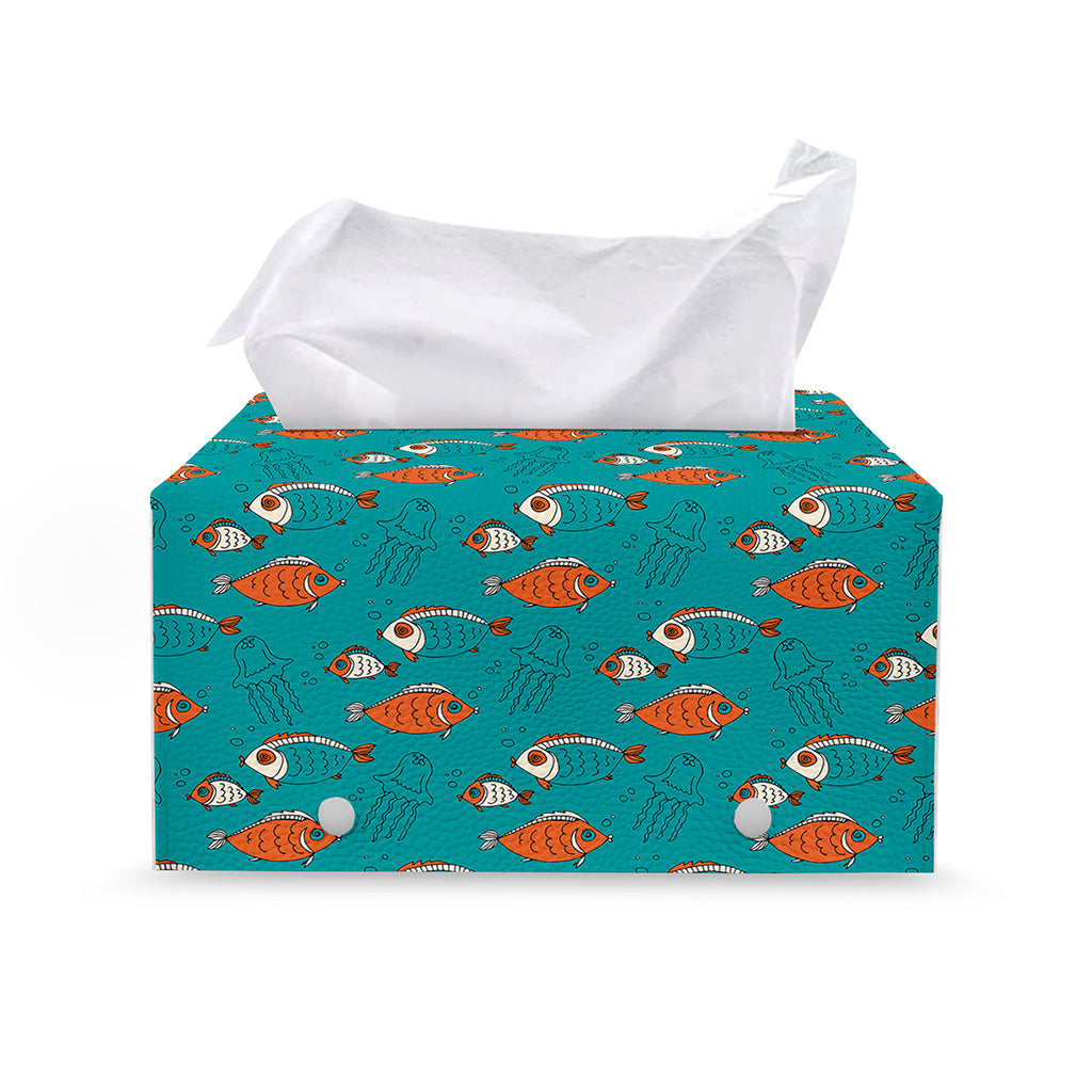 Fish And Jellyfish Pattern Print Leather Tissue Box Cover