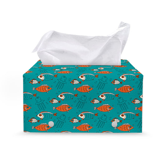 Fish And Jellyfish Pattern Print Leather Tissue Box Cover