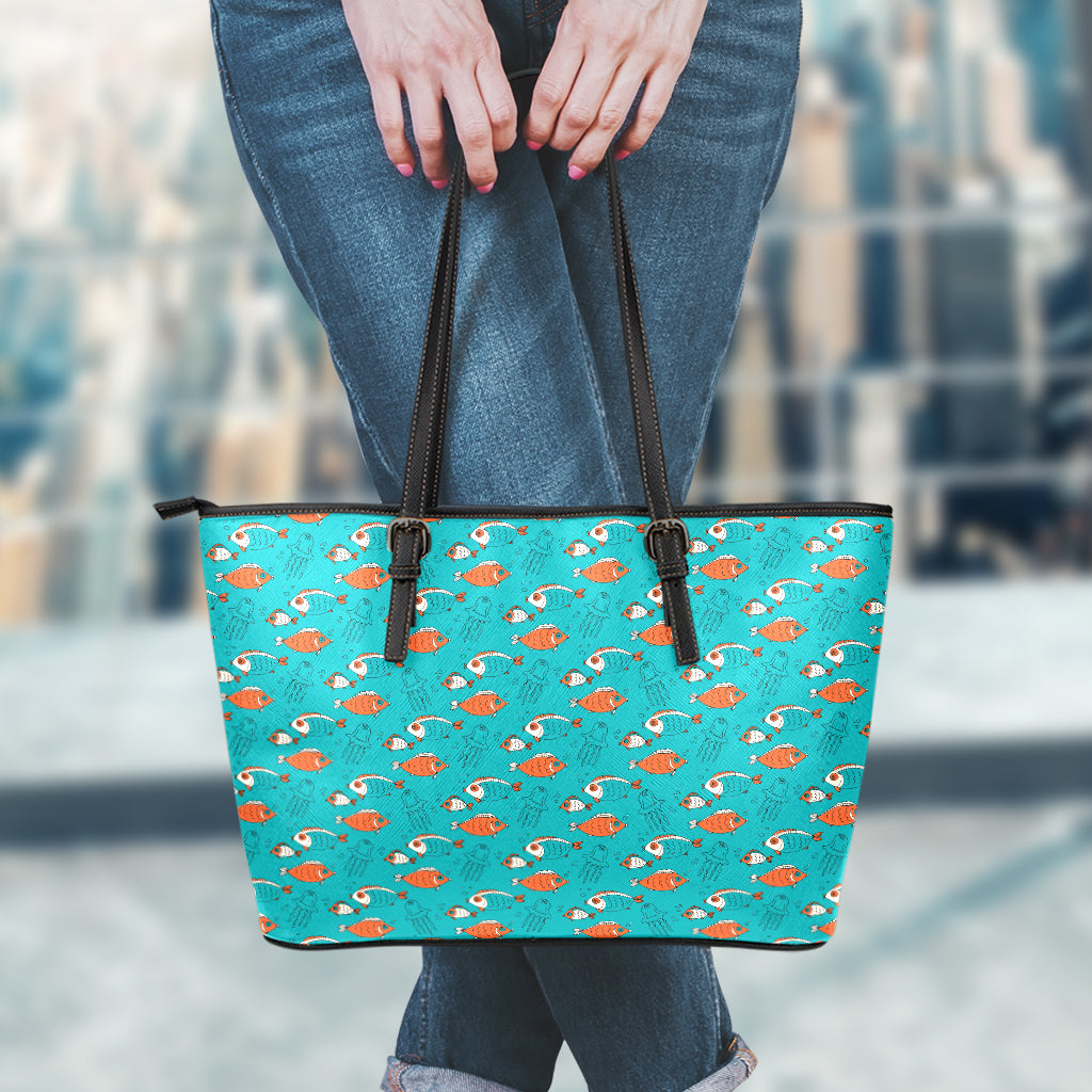 Fish And Jellyfish Pattern Print Leather Tote Bag