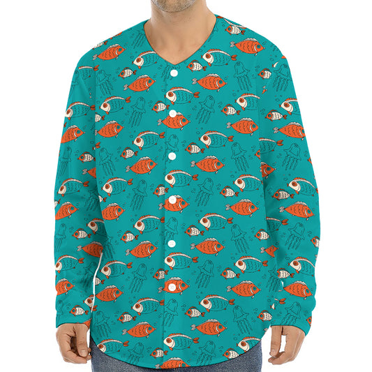 Fish And Jellyfish Pattern Print Long Sleeve Baseball Jersey