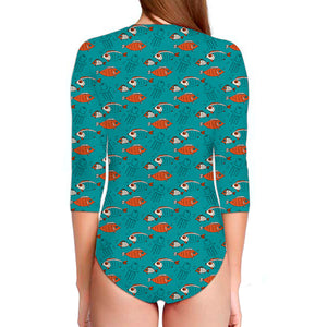 Fish And Jellyfish Pattern Print Long Sleeve Swimsuit