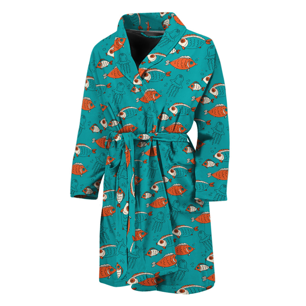 Fish And Jellyfish Pattern Print Men's Bathrobe