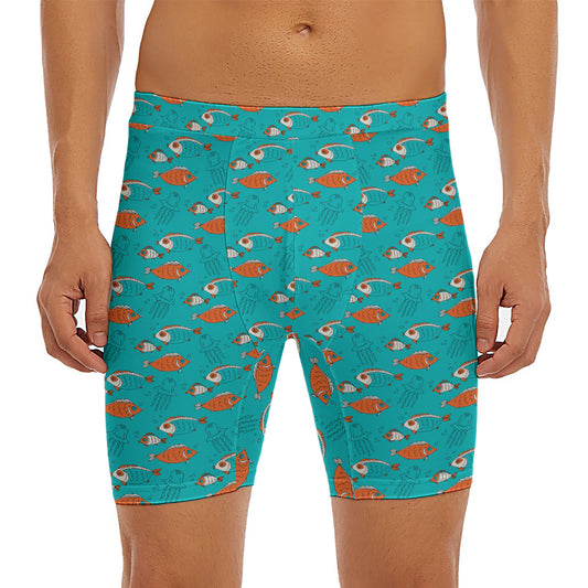 Fish And Jellyfish Pattern Print Men's Long Boxer Briefs