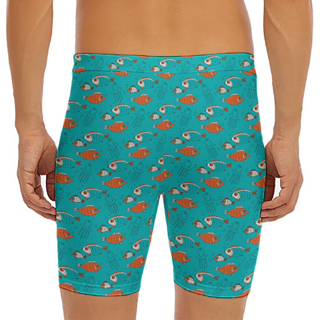 Fish And Jellyfish Pattern Print Men's Long Boxer Briefs