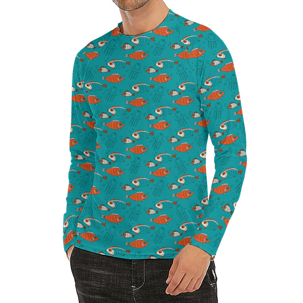 Fish And Jellyfish Pattern Print Men's Long Sleeve Rash Guard