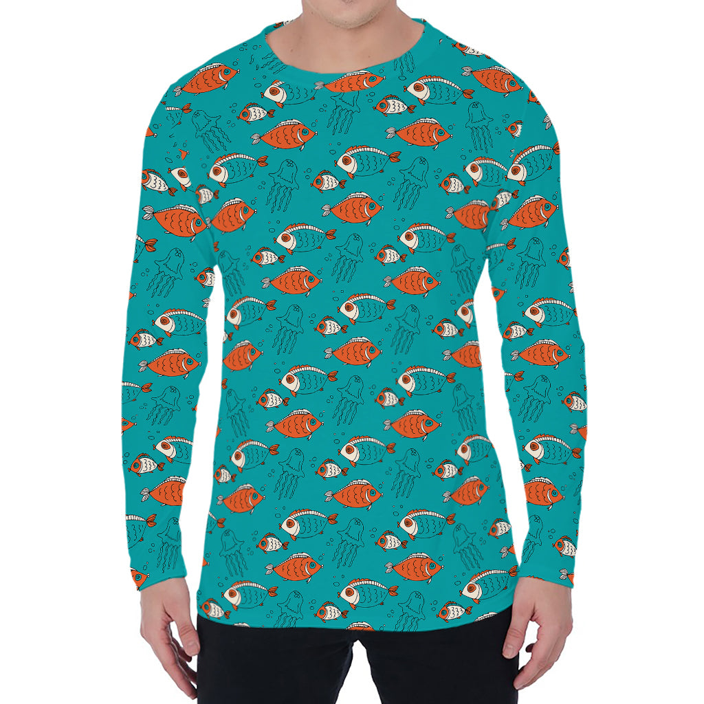 Fish And Jellyfish Pattern Print Men's Long Sleeve T-Shirt