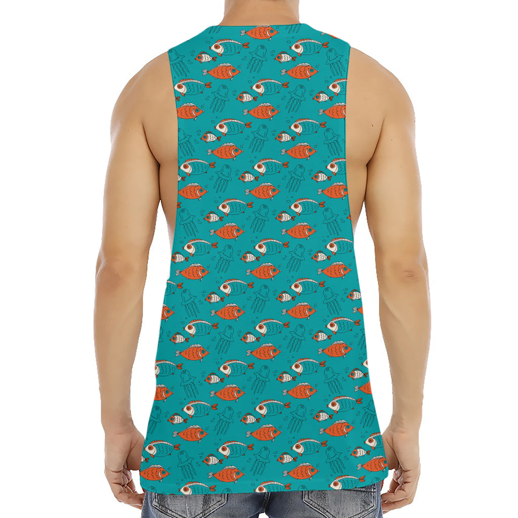 Fish And Jellyfish Pattern Print Men's Muscle Tank Top