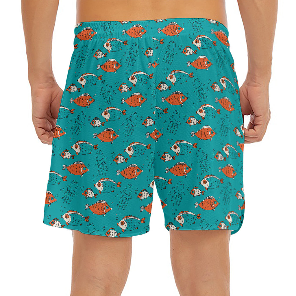 Fish And Jellyfish Pattern Print Men's Split Running Shorts