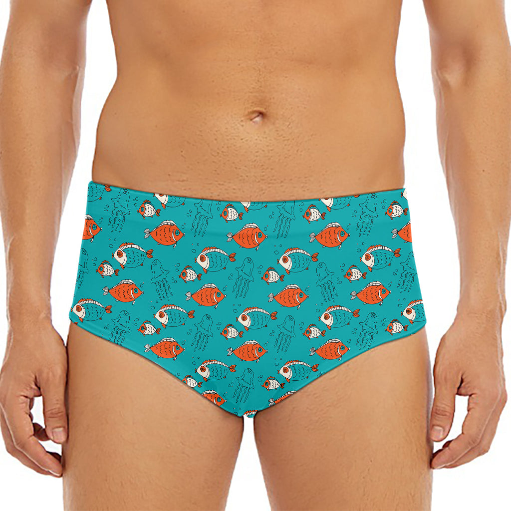 Fish And Jellyfish Pattern Print Men's Triangle Swim Briefs