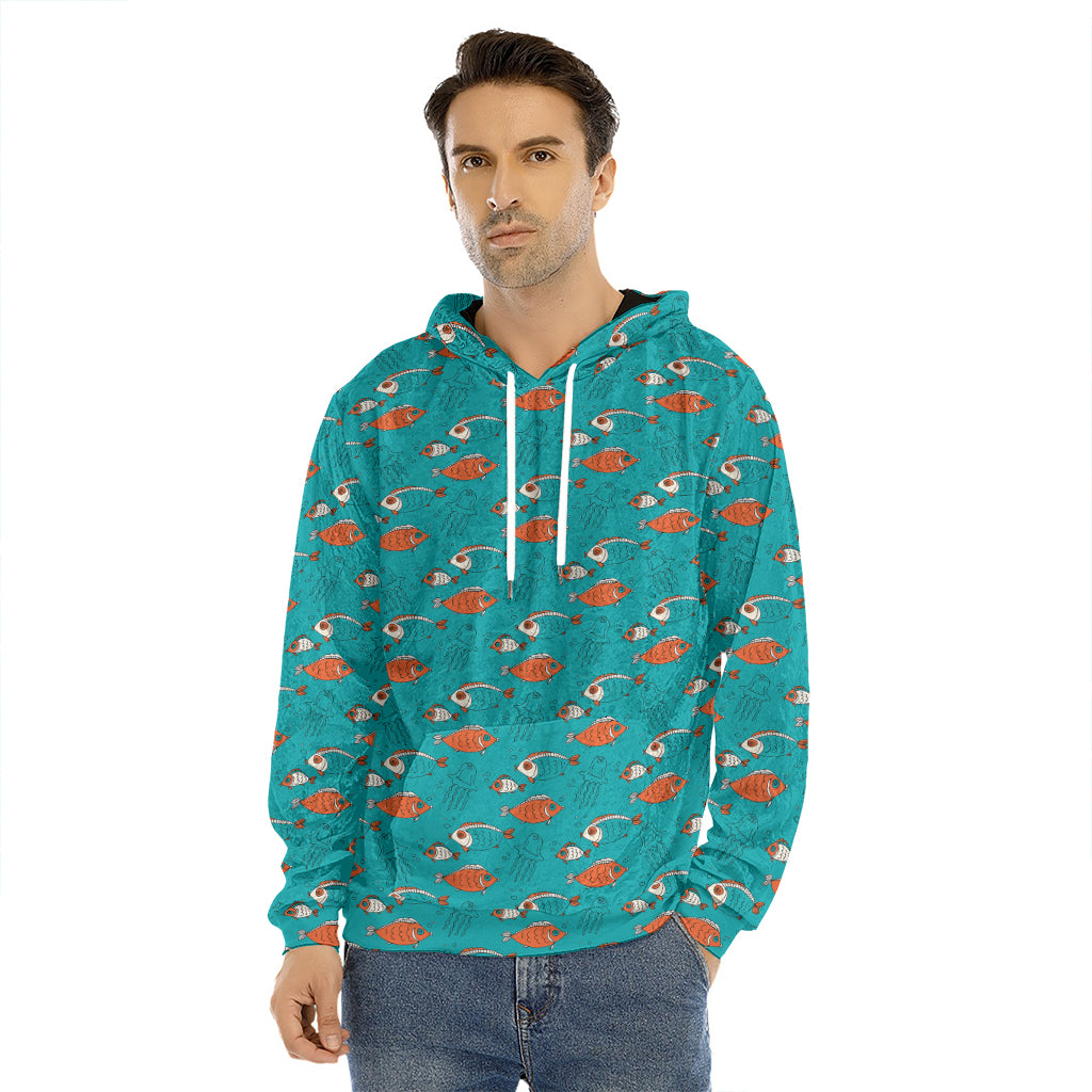 Fish And Jellyfish Pattern Print Men's Velvet Pullover Hoodie