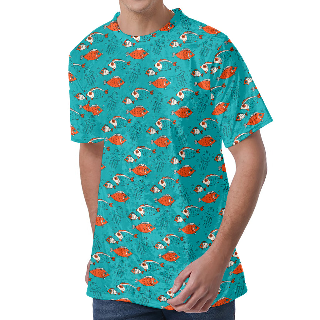 Fish And Jellyfish Pattern Print Men's Velvet T-Shirt