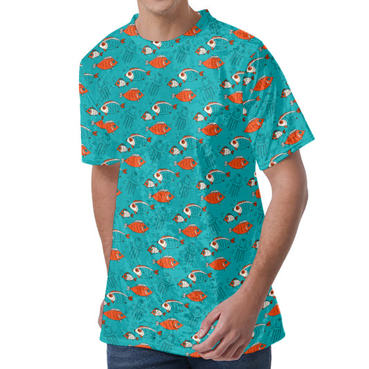 Fish And Jellyfish Pattern Print Men's Velvet T-Shirt