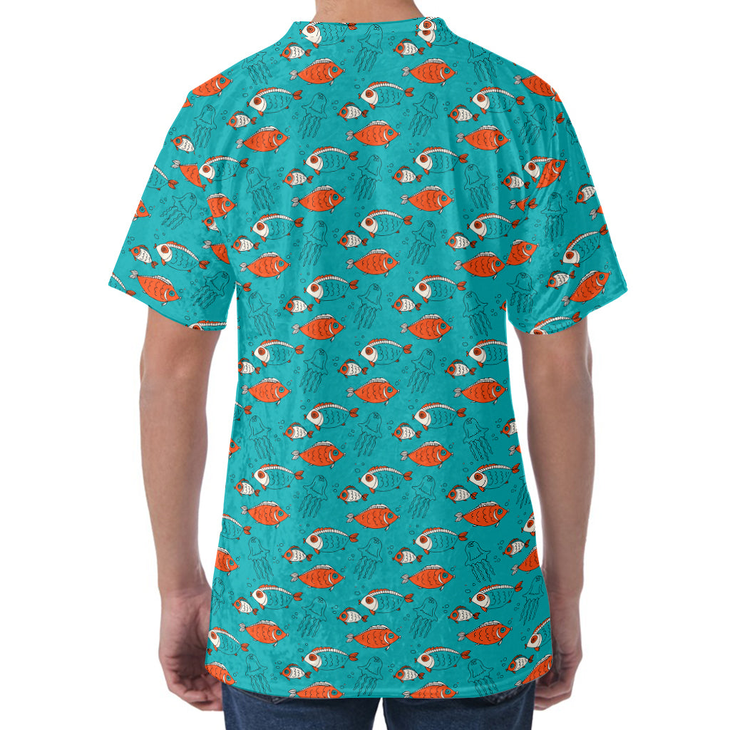 Fish And Jellyfish Pattern Print Men's Velvet T-Shirt