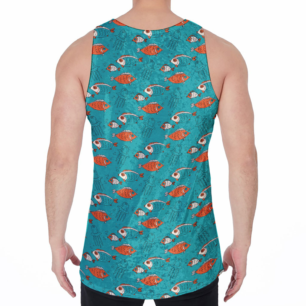 Fish And Jellyfish Pattern Print Men's Velvet Tank Top