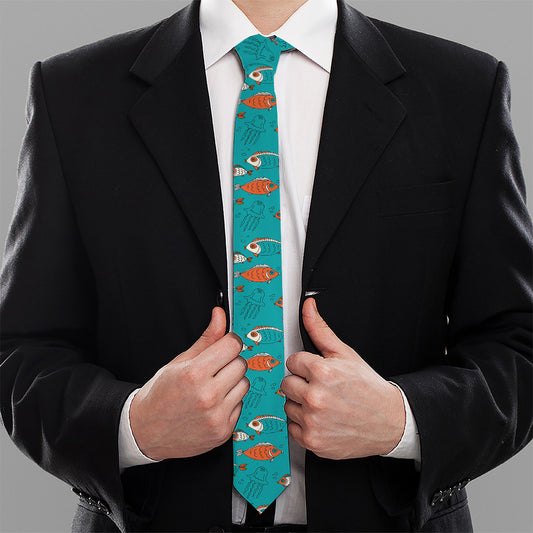 Fish And Jellyfish Pattern Print Necktie