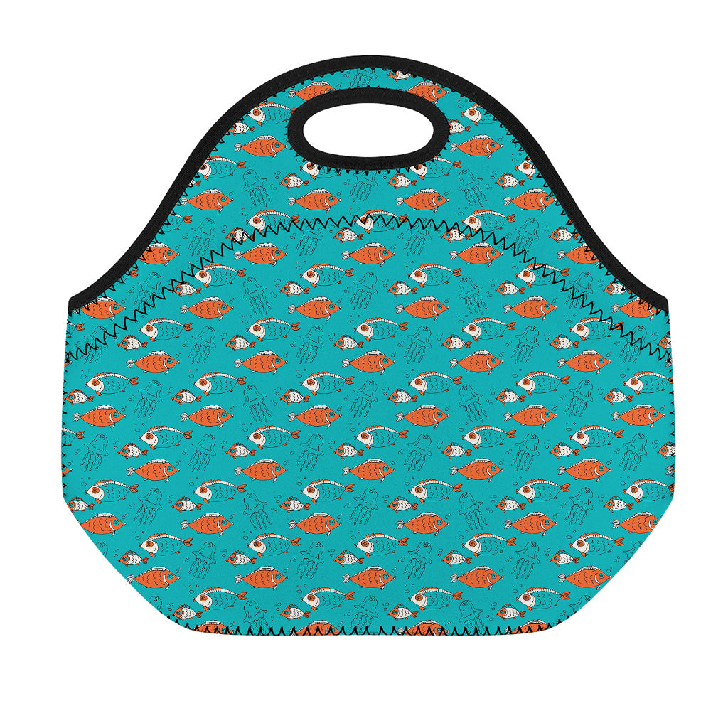 Fish And Jellyfish Pattern Print Neoprene Lunch Bag