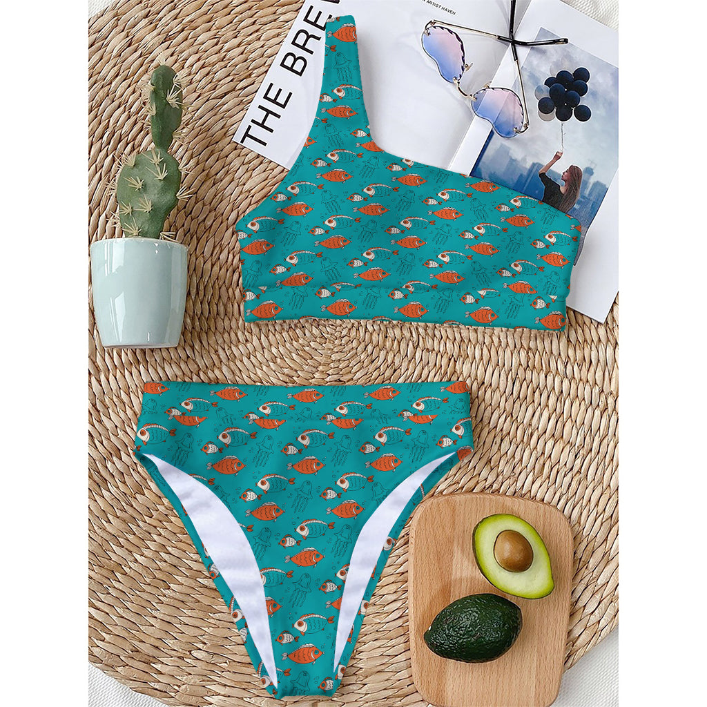 Fish And Jellyfish Pattern Print One Shoulder Bikini Top