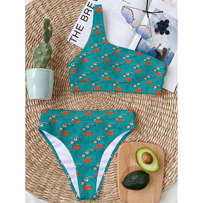 Fish And Jellyfish Pattern Print One Shoulder Bikini Top