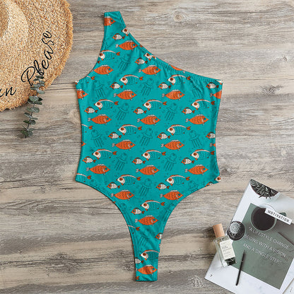 Fish And Jellyfish Pattern Print One Shoulder Bodysuit