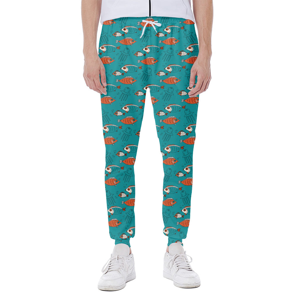 Fish And Jellyfish Pattern Print Scuba Joggers