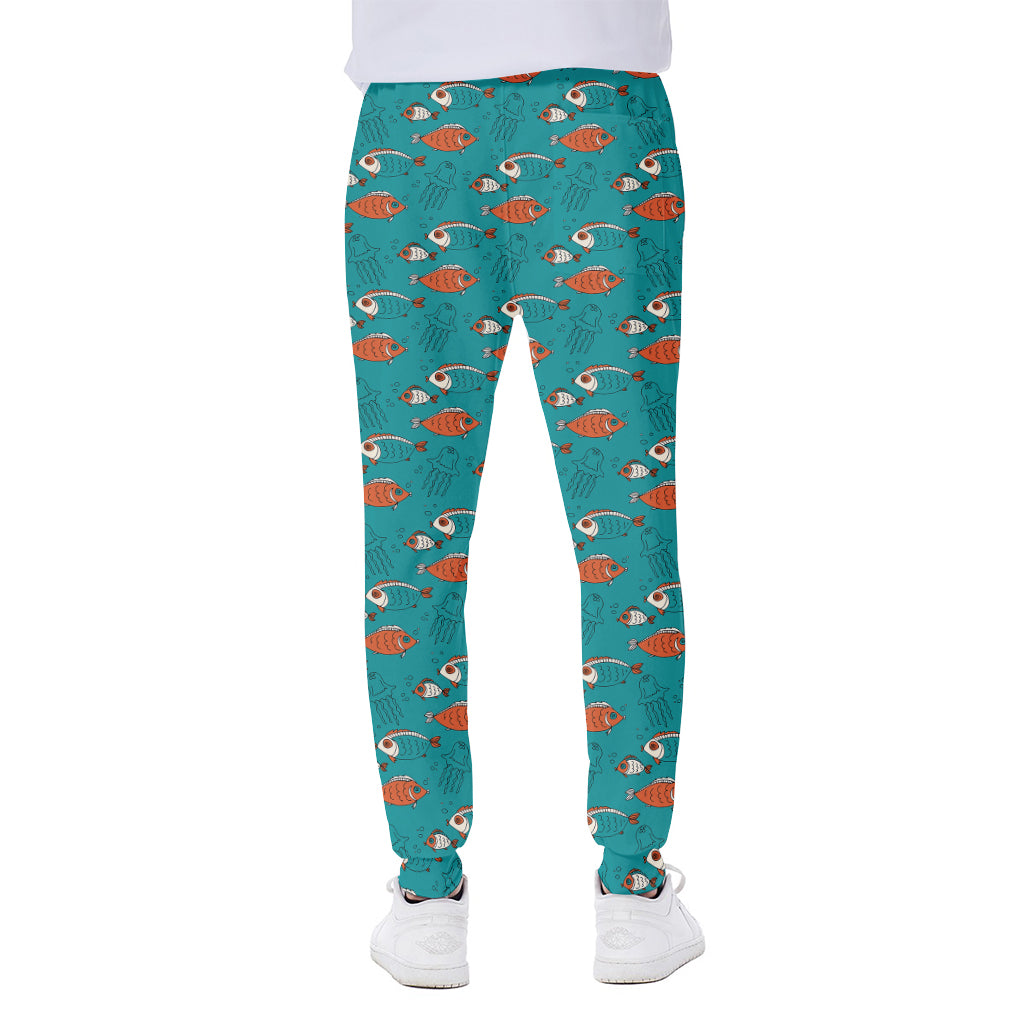 Fish And Jellyfish Pattern Print Scuba Joggers