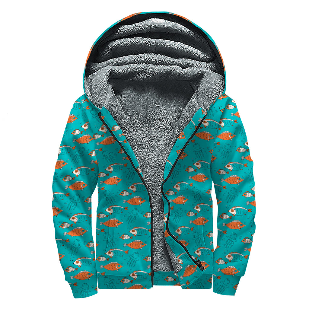 Fish And Jellyfish Pattern Print Sherpa Lined Zip Up Hoodie