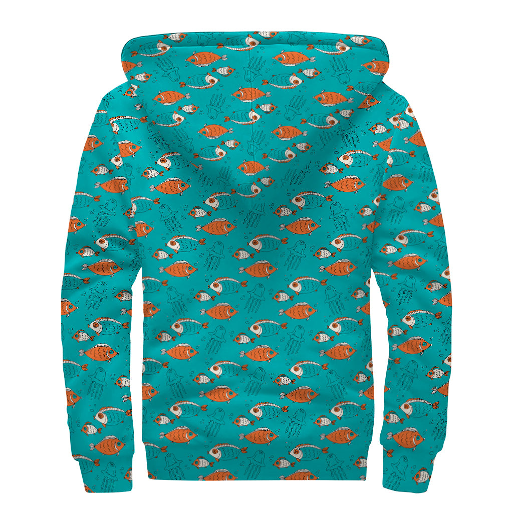 Fish And Jellyfish Pattern Print Sherpa Lined Zip Up Hoodie