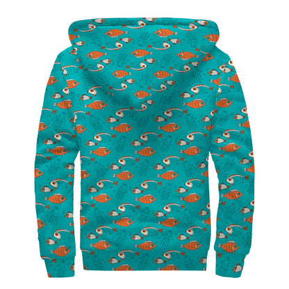 Fish And Jellyfish Pattern Print Sherpa Lined Zip Up Hoodie