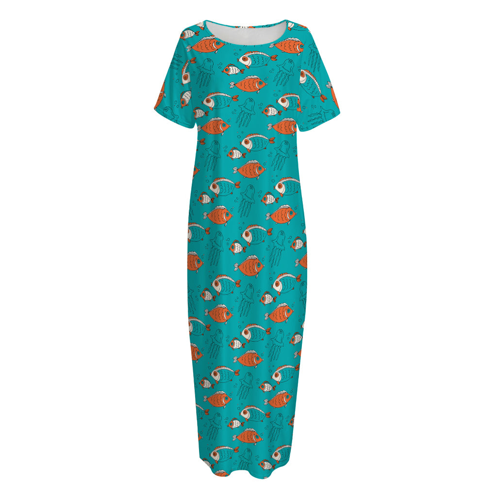 Fish And Jellyfish Pattern Print Short Sleeve Long Nightdress