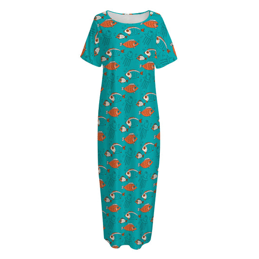 Fish And Jellyfish Pattern Print Short Sleeve Long Nightdress