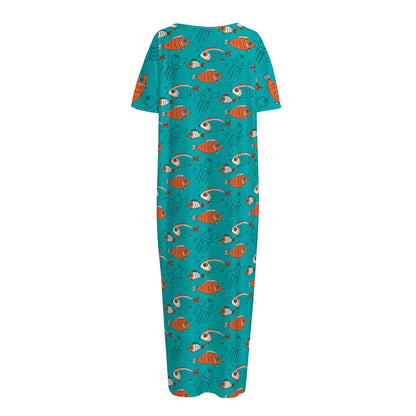 Fish And Jellyfish Pattern Print Short Sleeve Long Nightdress