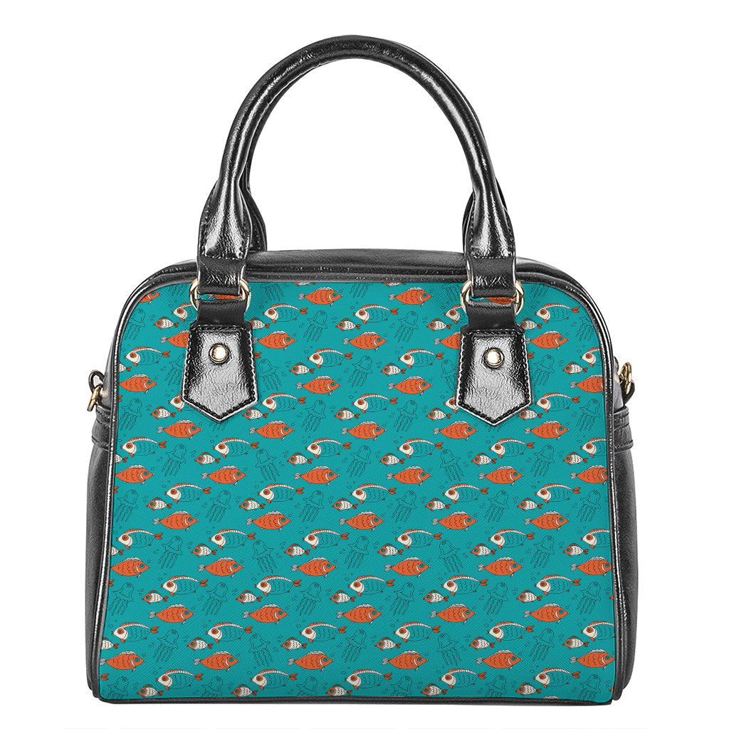 Fish And Jellyfish Pattern Print Shoulder Handbag