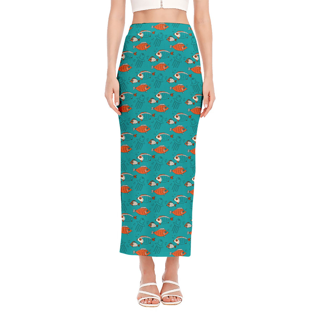 Fish And Jellyfish Pattern Print Side Slit Maxi Skirt