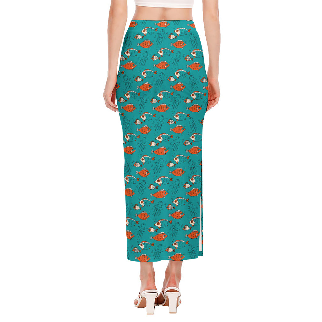 Fish And Jellyfish Pattern Print Side Slit Maxi Skirt