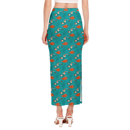 Fish And Jellyfish Pattern Print Side Slit Maxi Skirt
