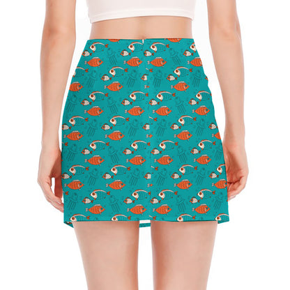 Fish And Jellyfish Pattern Print Side Slit Mini Skirt