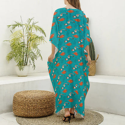 Fish And Jellyfish Pattern Print Silk V-Neck Kaftan Dress